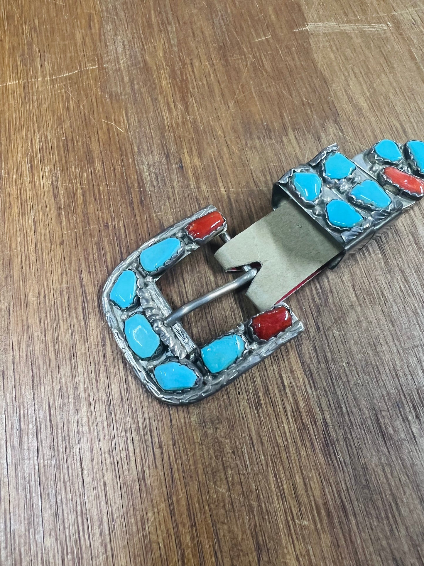 Vintage Angelita Cheama Sterling Silver Zuni Turquoise and Coral Belt Buckle Set