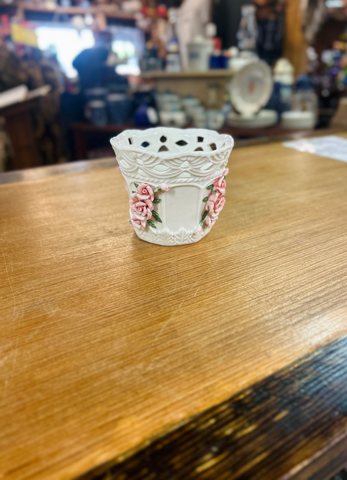 Vintage Bloom-Rite White Ceramic Planter with 3D Pink Rose Decoration ...