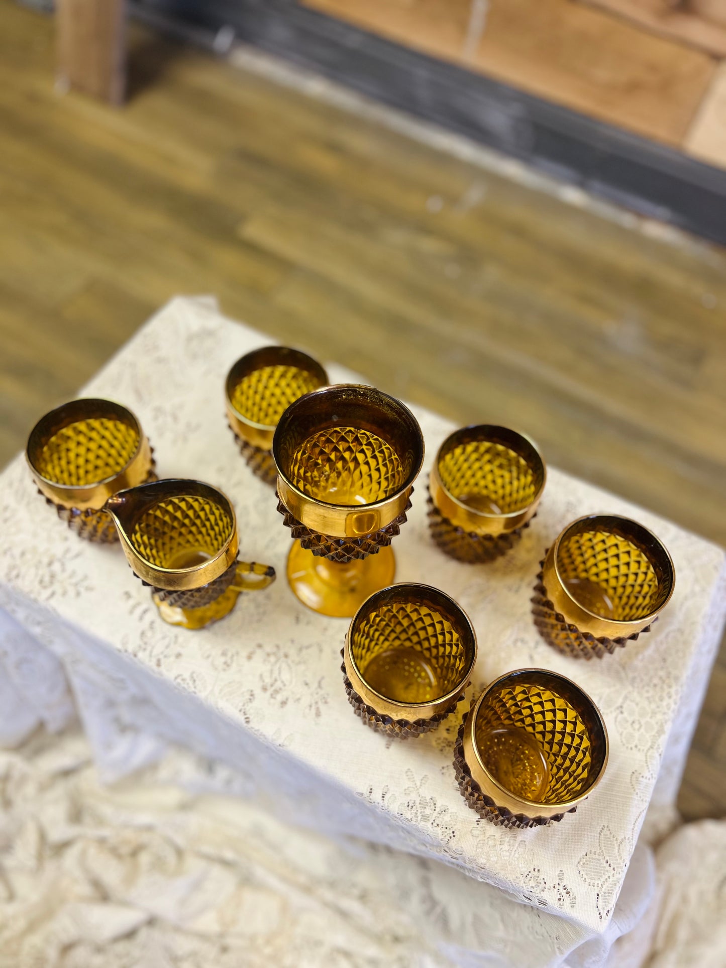 Vintage Indiana Glass Amber Diamond Point Tumbler 8 Piece Set