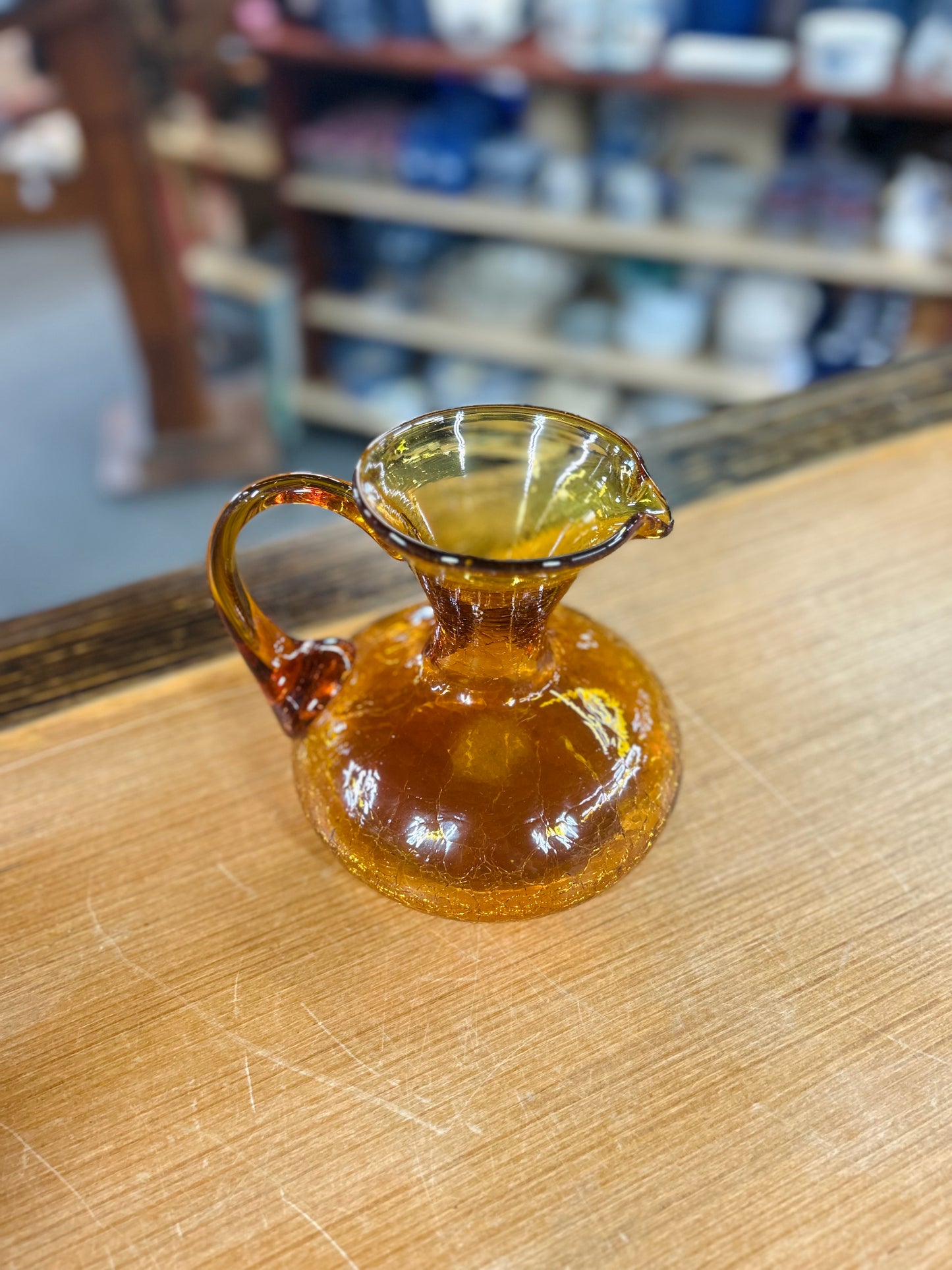 Old Amber Crackle Glass Hand Blown Pitcher