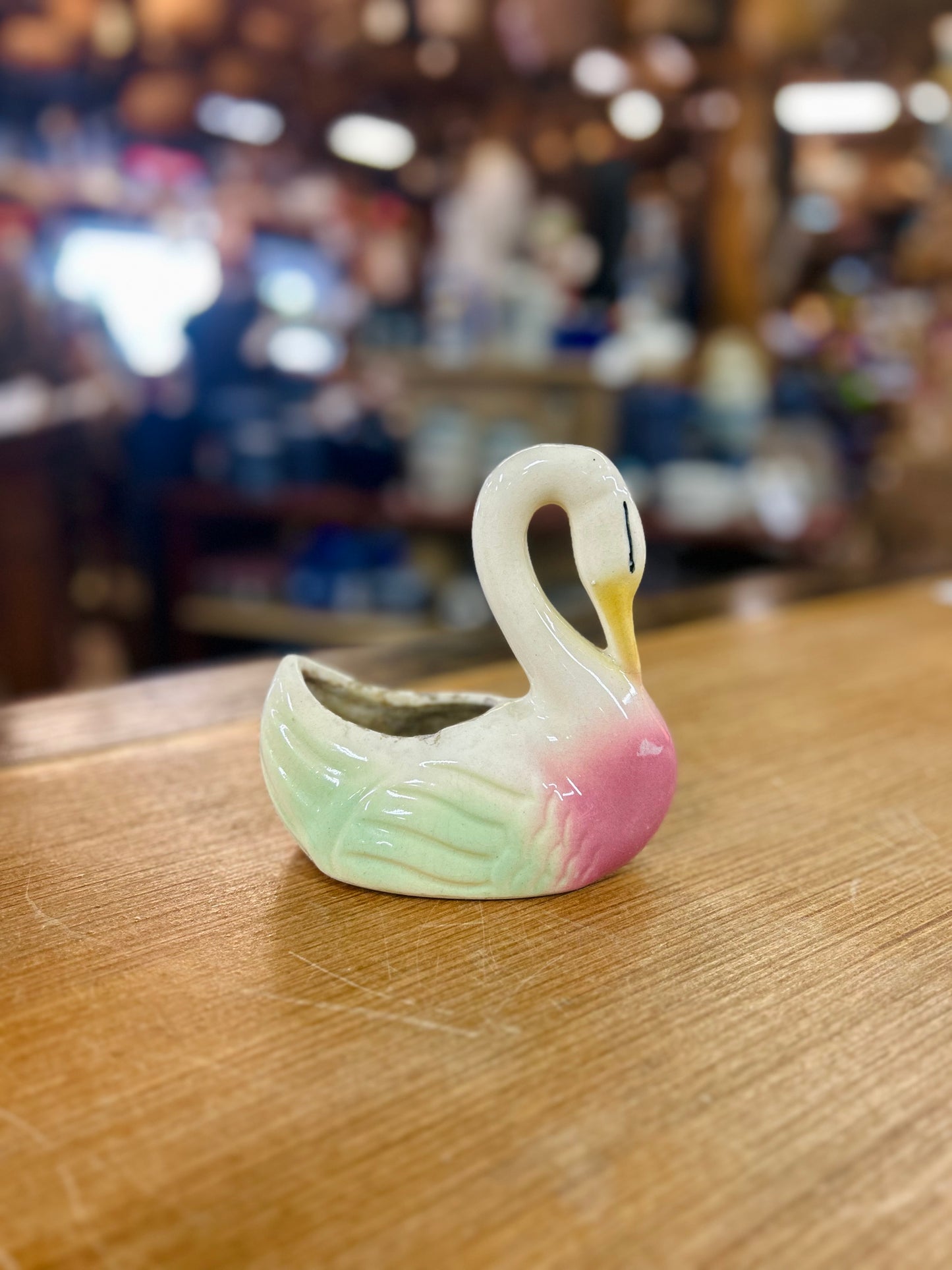 Vintage Pink and Green Ceramic Swan Planter