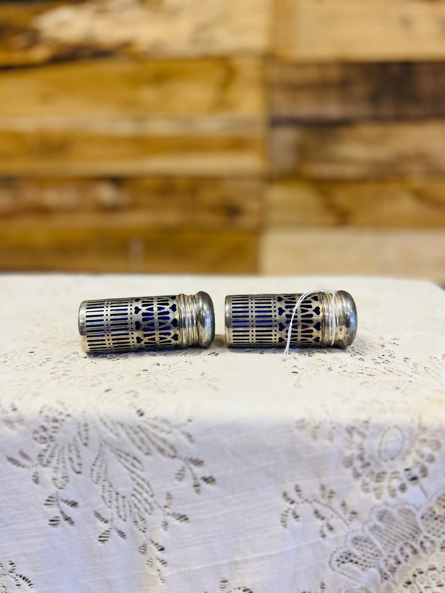 Vintage Cobalt Blue Salt and Pepper Shakers with Silver Plate
