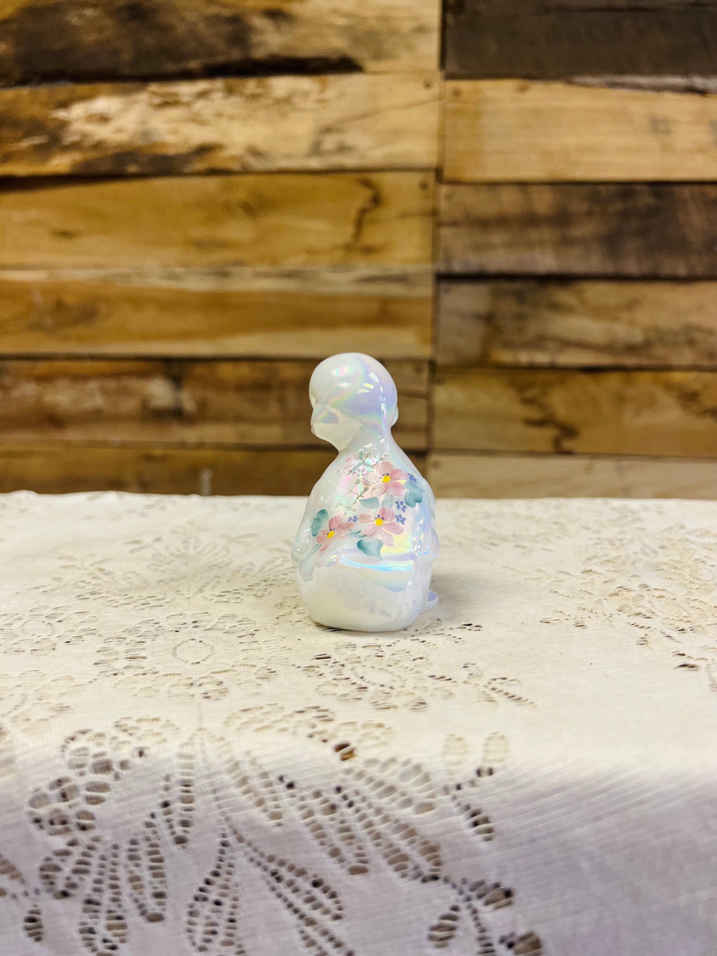 Vintage Fenton White Iridescent Milk Glass with Floral Details Duckling Figurine