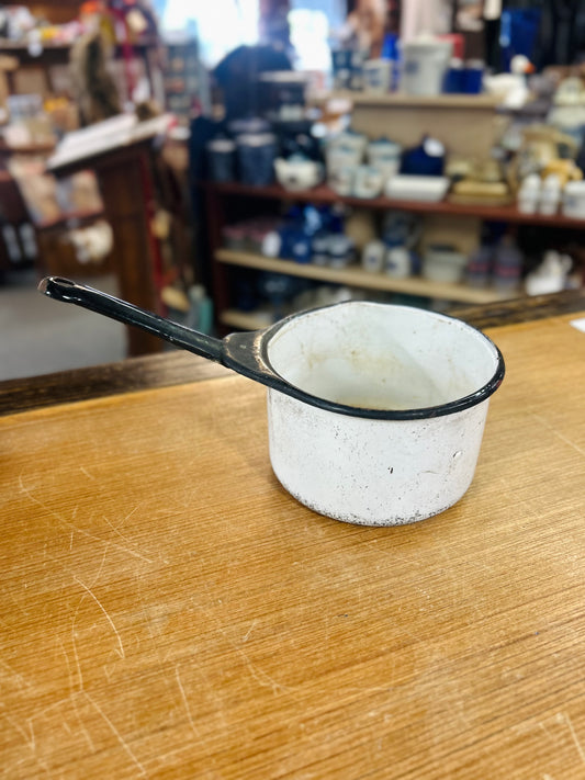 Old White Ceramic Pot with Black Trim