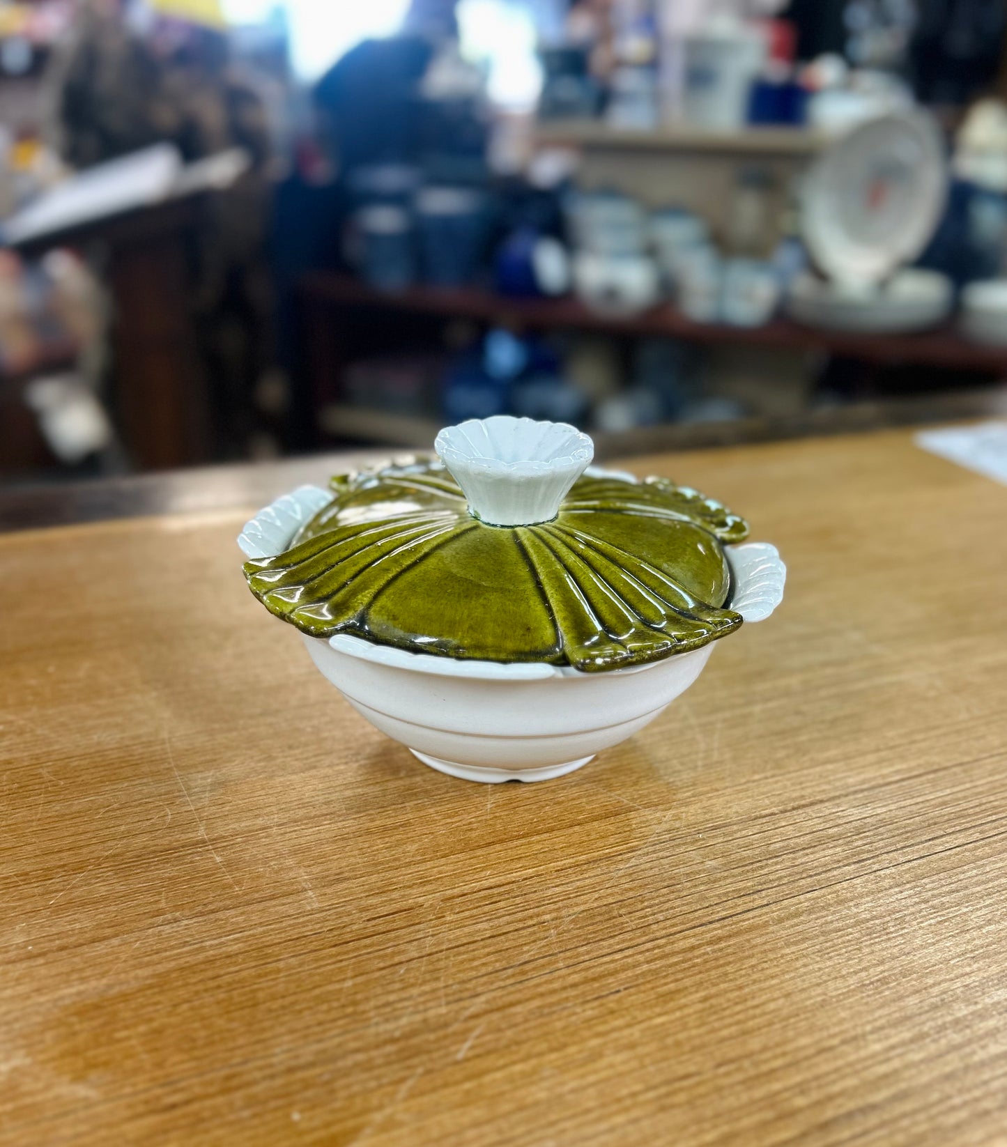 Vintage California USA Pottery Serving Dish with Green Lid