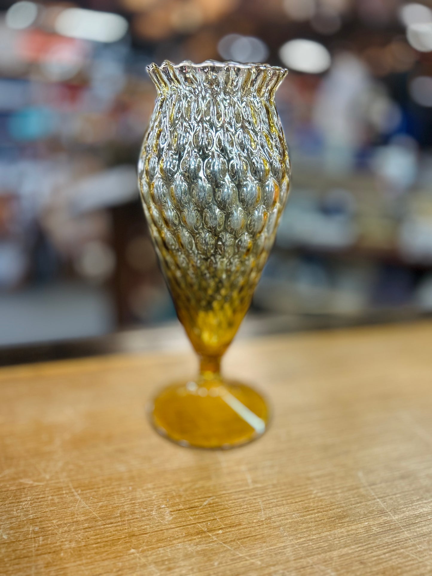 Vintage Amber Glass Vase with Bubble Pattern