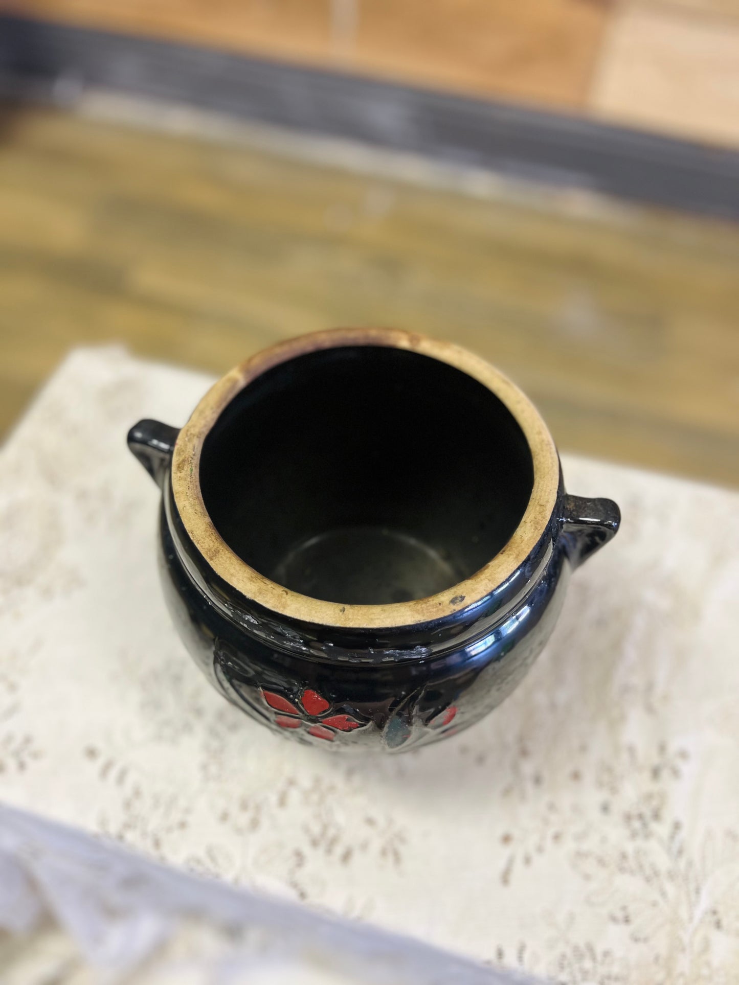 Vintage Pottery Stoneware Crock Featuring Hand-Painted Red Flowers on Black Finish