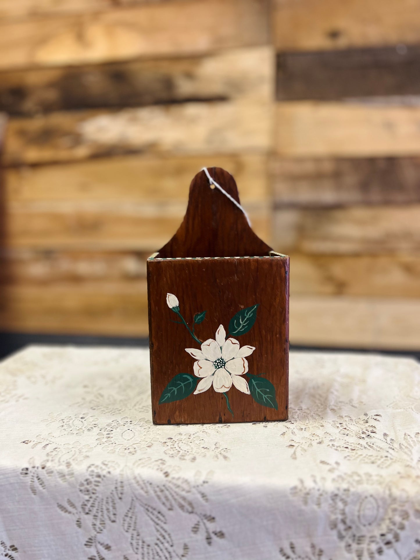 Vintage Wooden Wall Pocket with Floral Design