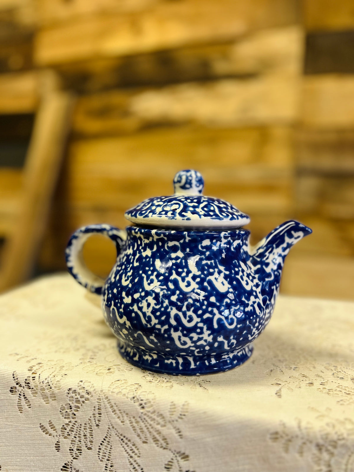 Vintage Blue Teapot With Grapes