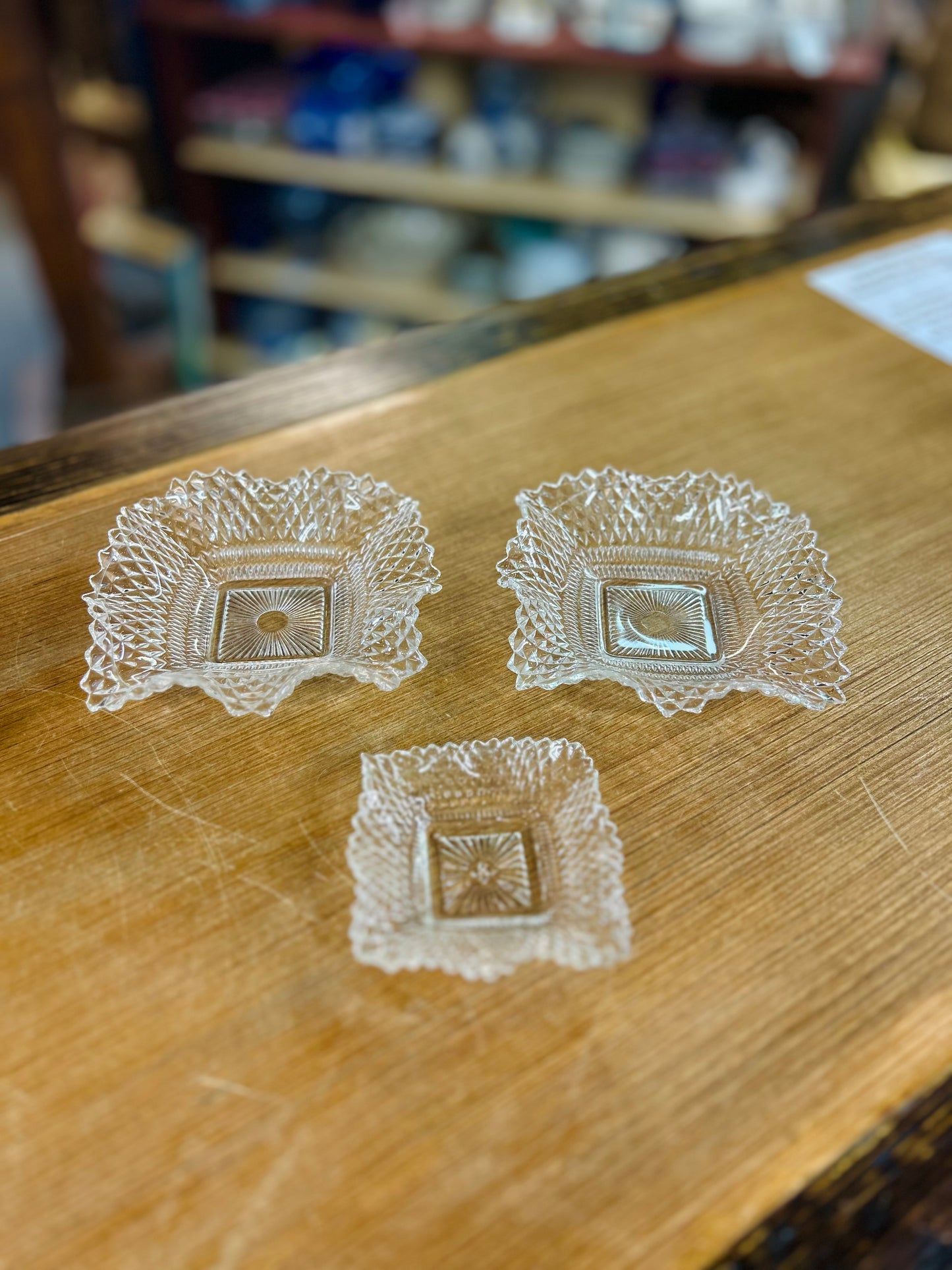 Vintage Indiana Glass Diamond Point Pattern Candy Dish with Ruffled Edge Set
