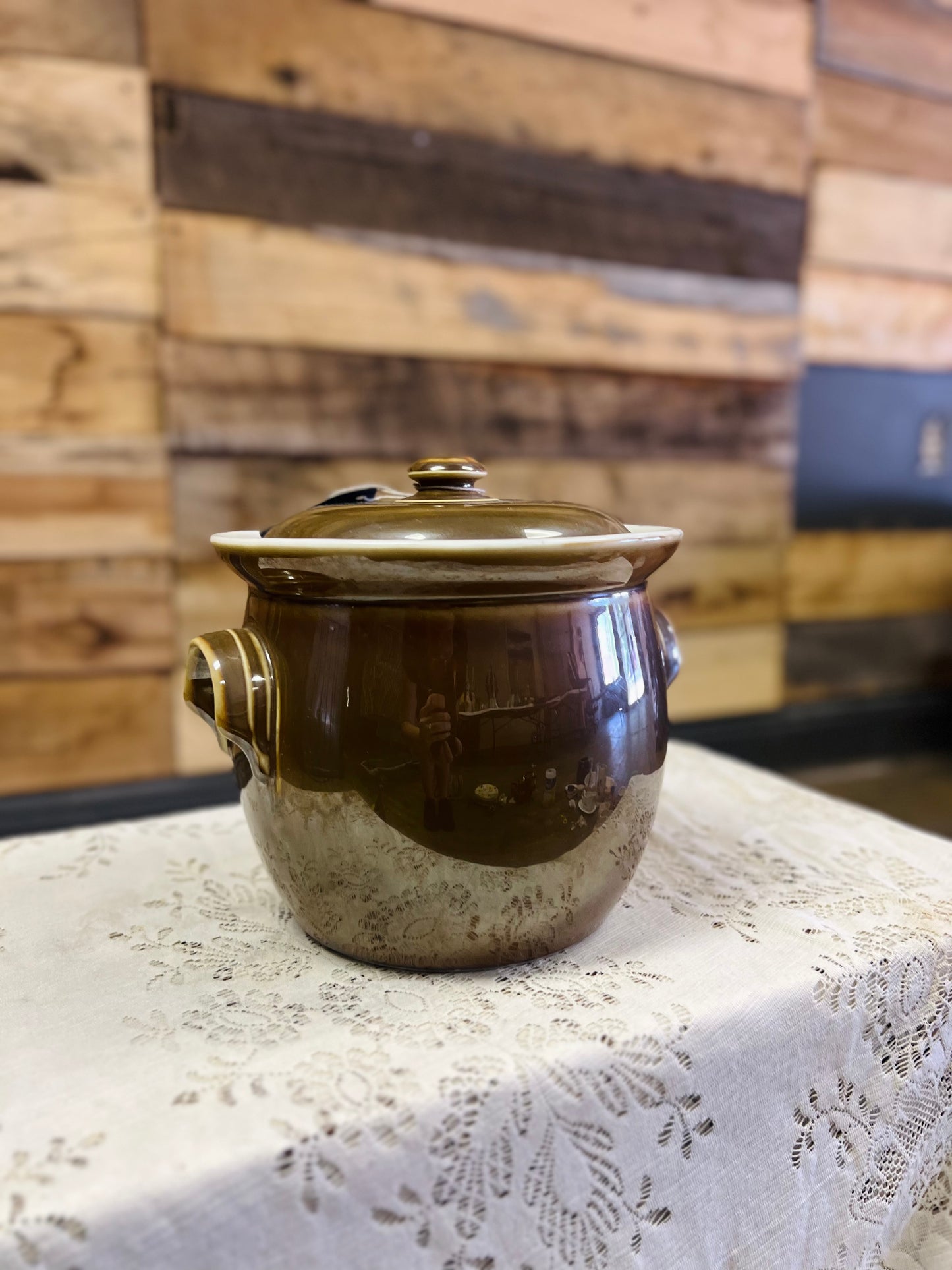 Vintage Fruanfelter China Co Brown Ceramic Pot with Lid