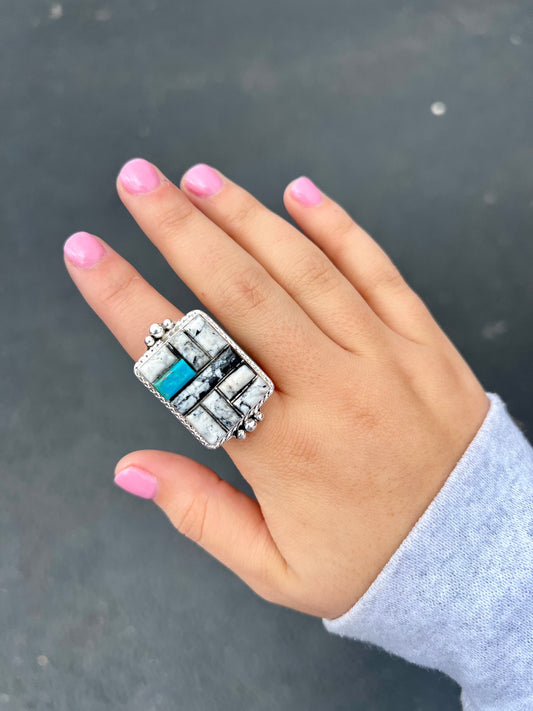 White Buffalo and Turquoise Inlay Statement Ring