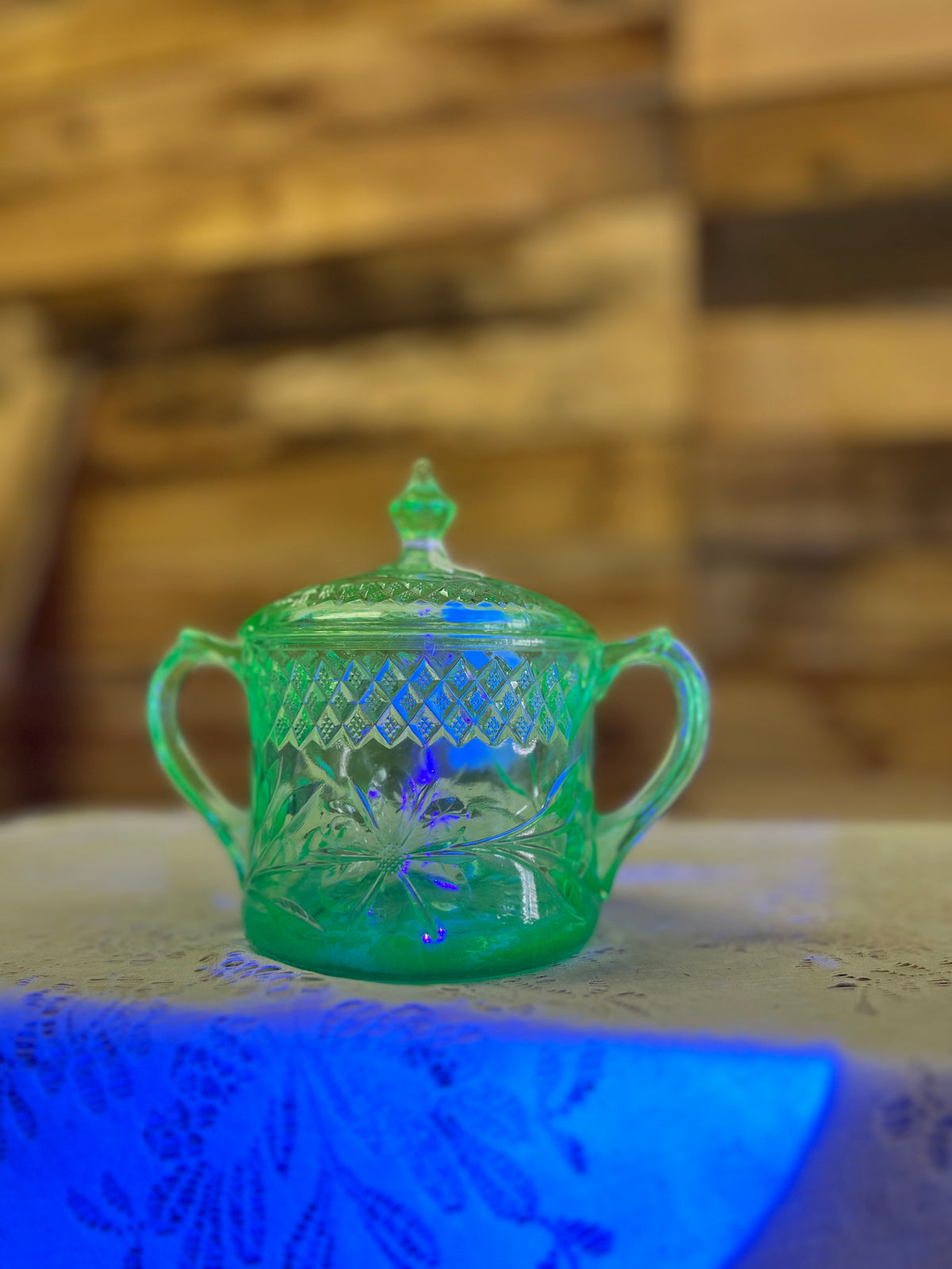 Vintage Green Double Handled Uranium Glass Dish With Lid