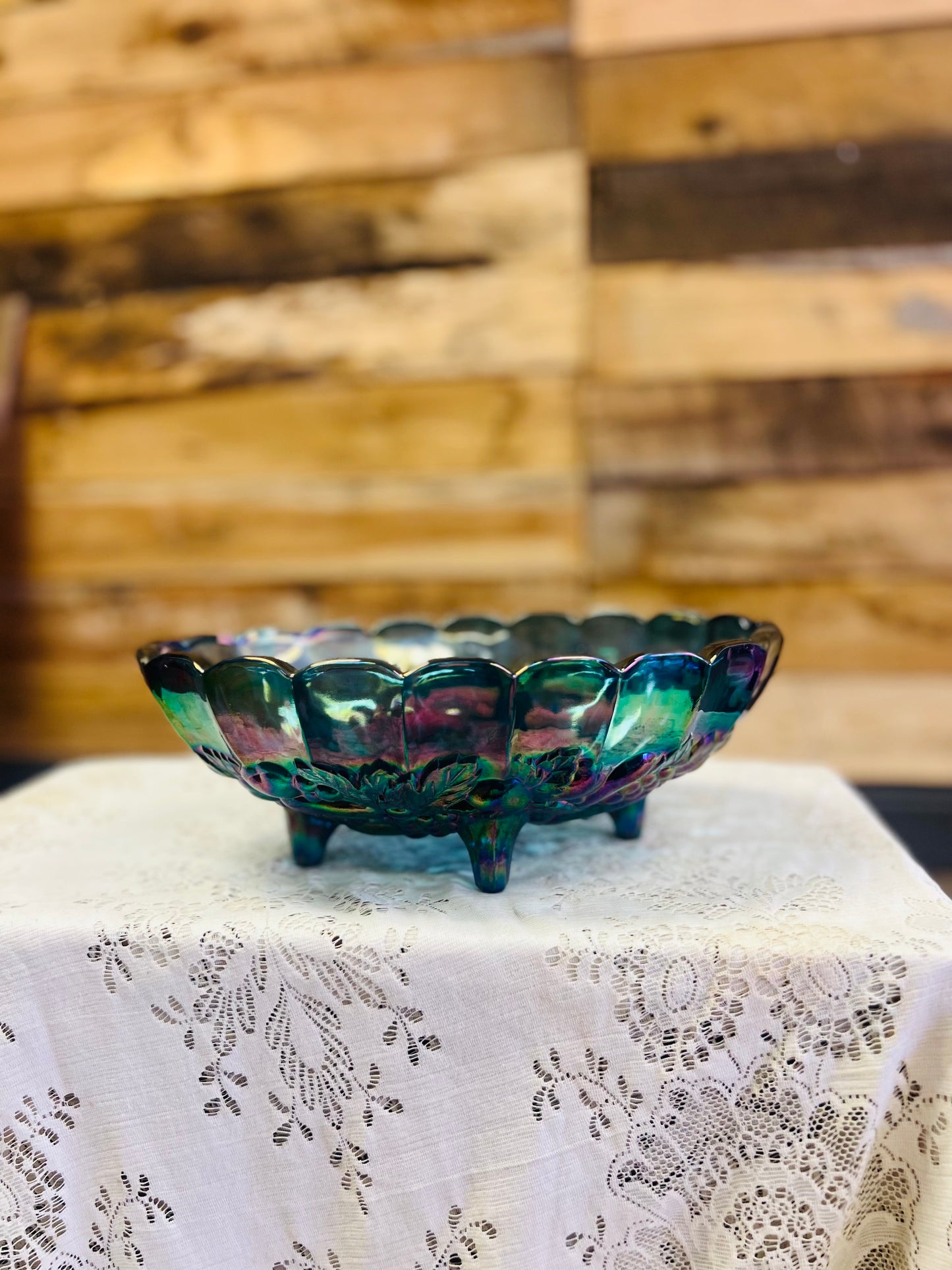 Vintage Blue Carnival Glass Fruit Bowl