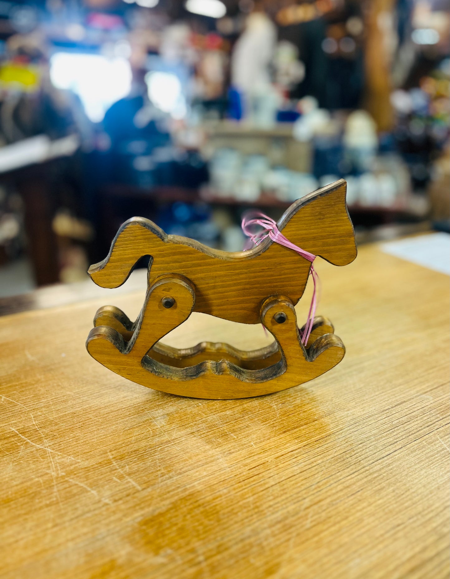 Vintage Hand Made Toy Rocking Horse With Pink Bow