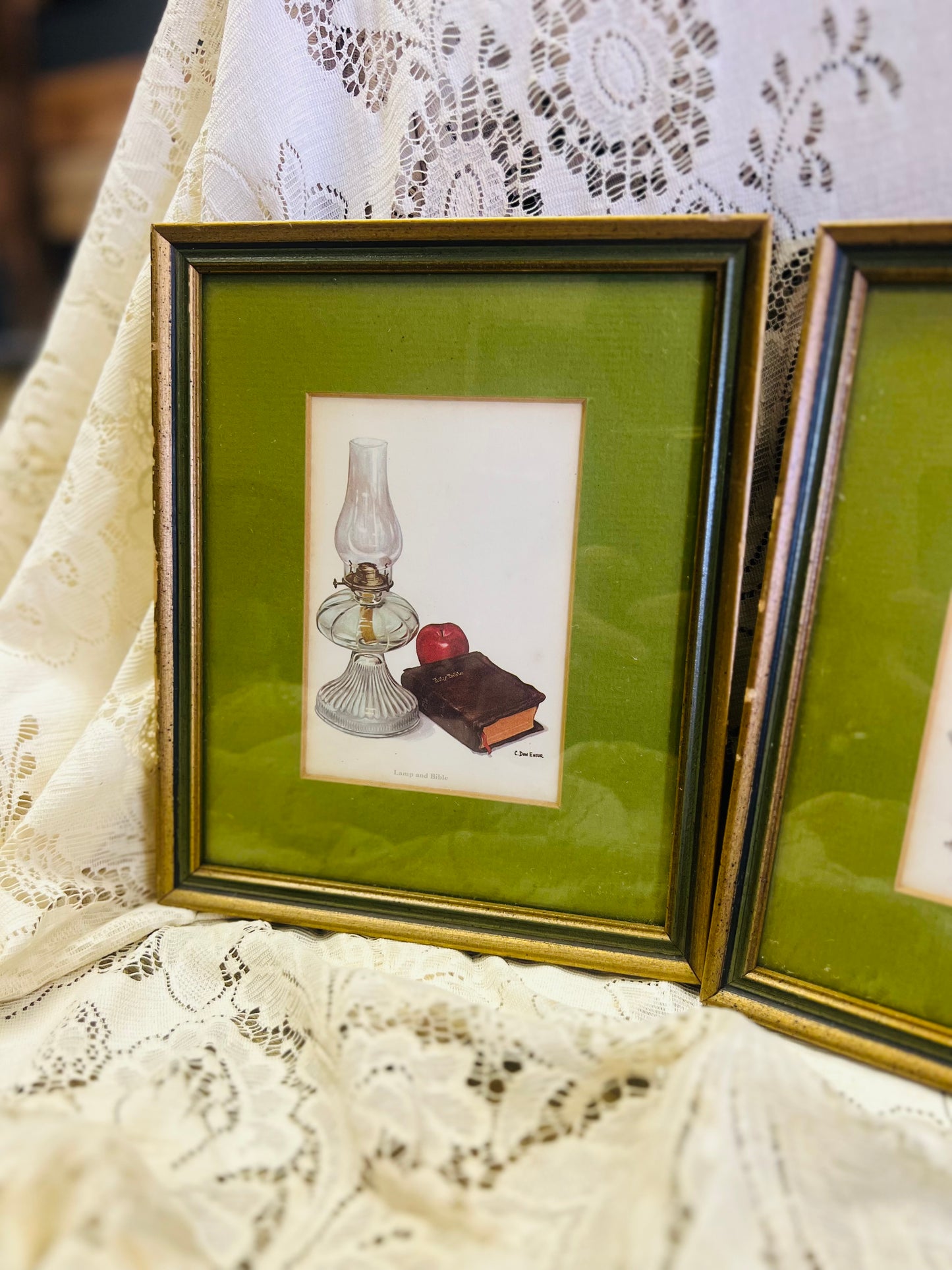 Vintage Green Framed Bible and Clock Photos Set