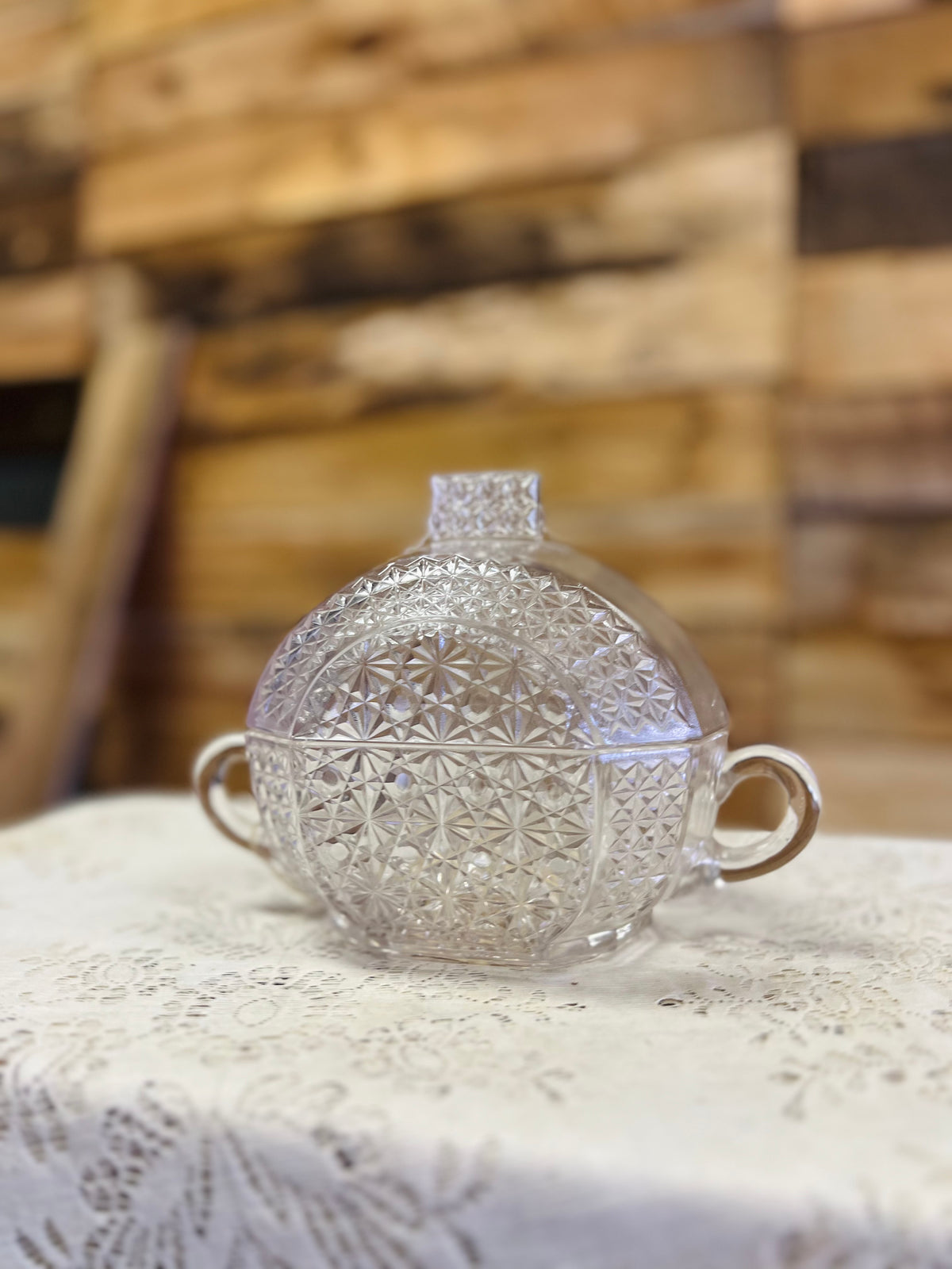 Vintage Double Handled Clear Pattern Covered Dish