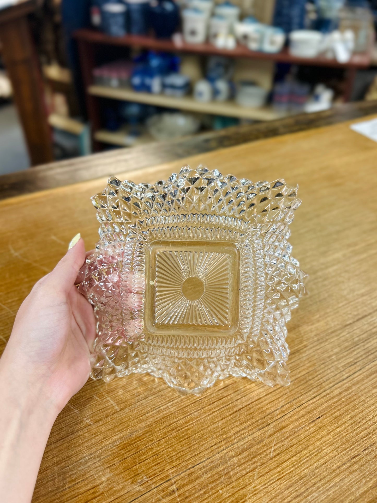 Vintage Indiana Glass Diamond Point Pattern Candy Dish with Ruffled Edge Set