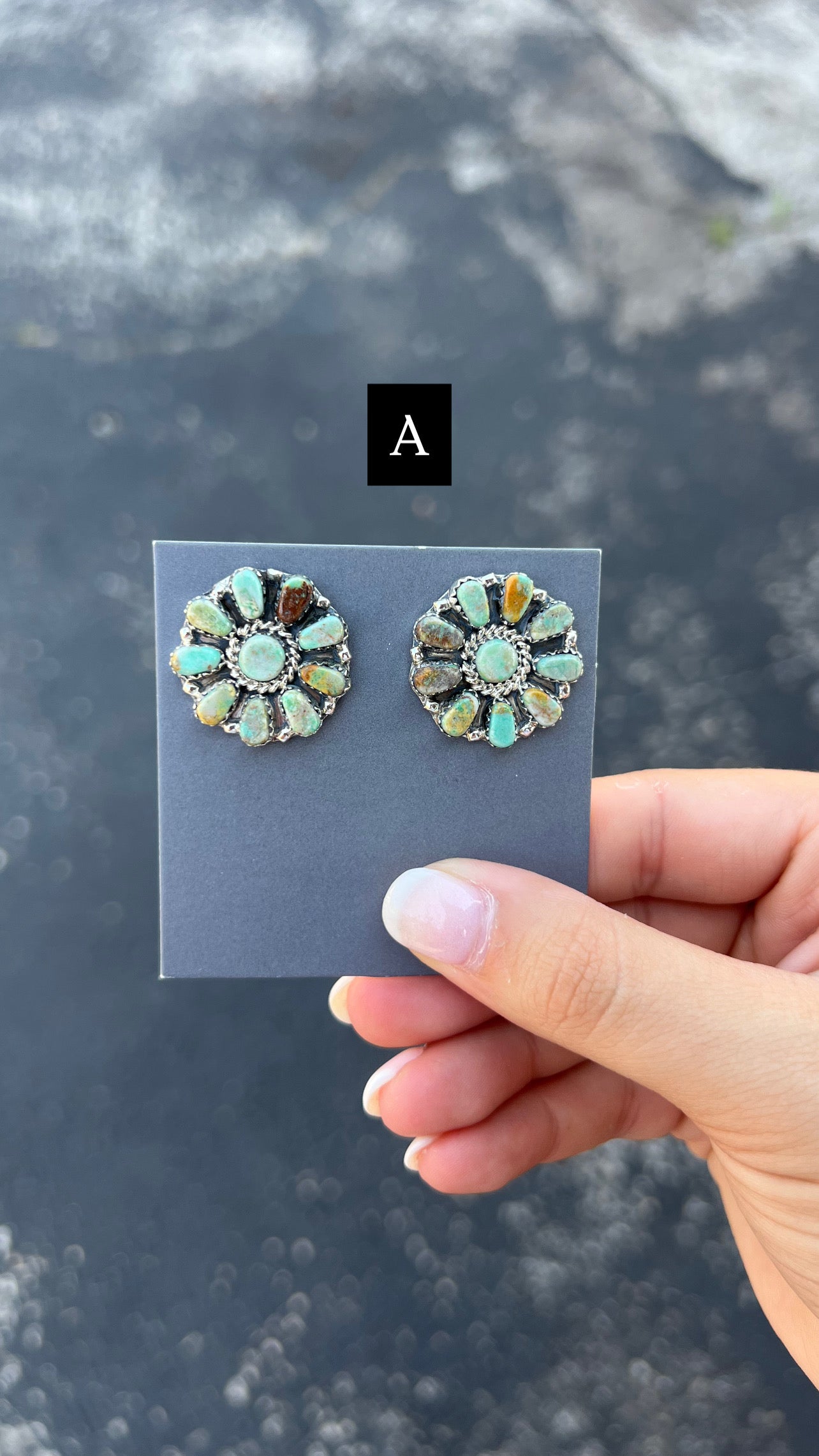 Genuine Green and Blue Kingman Turquoise 10 Stone Sterling Silver Cluster Earrings
