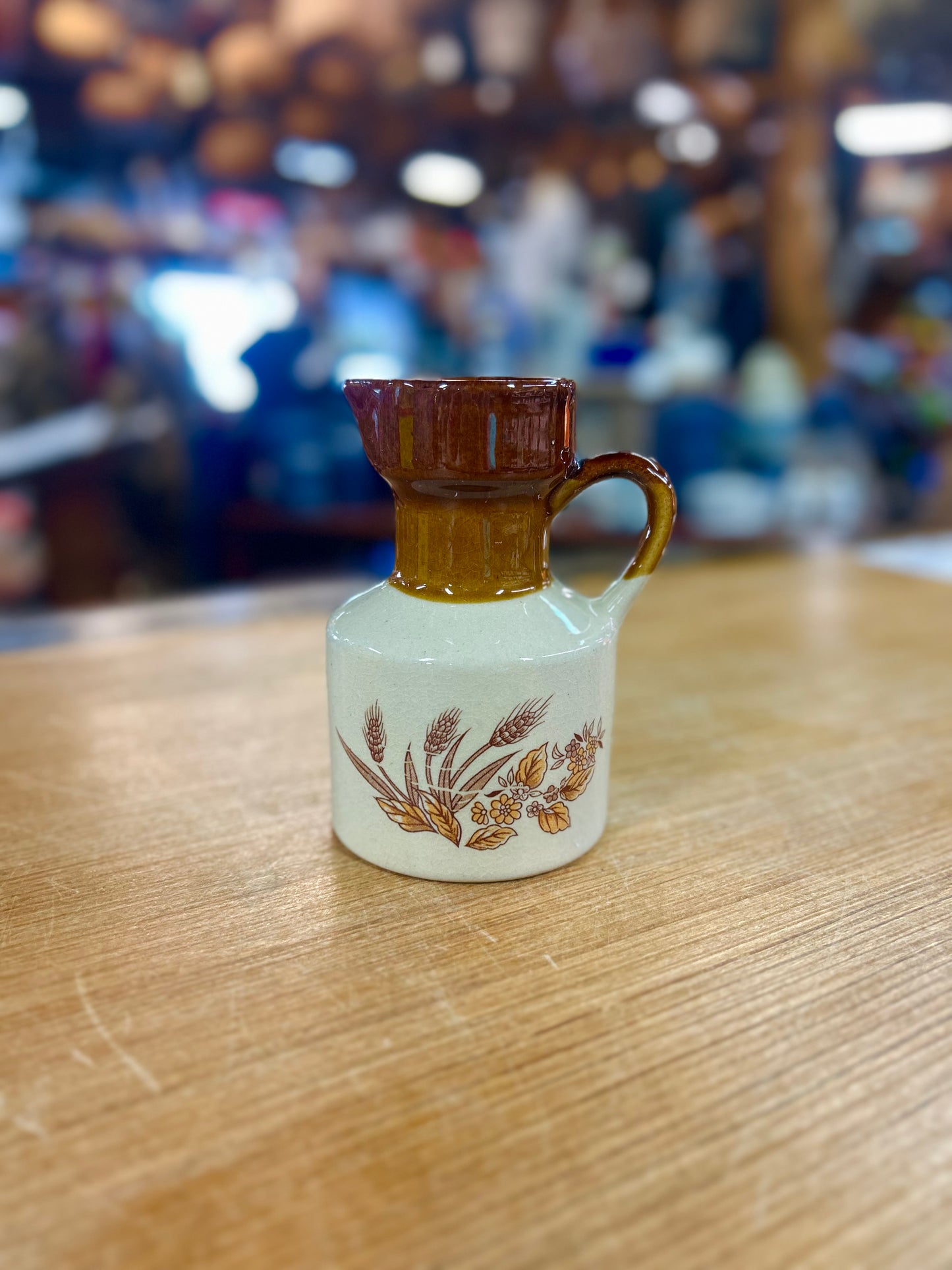 Vintage Brown and Beige Ceramic Pitcher with Wheat Pattern