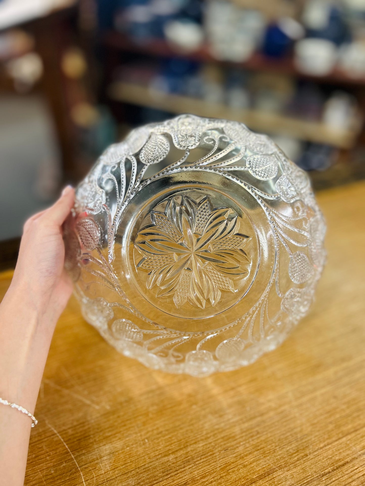 Vintage Pressed Glass Bowl with Flower Design and Sawtooth Edge