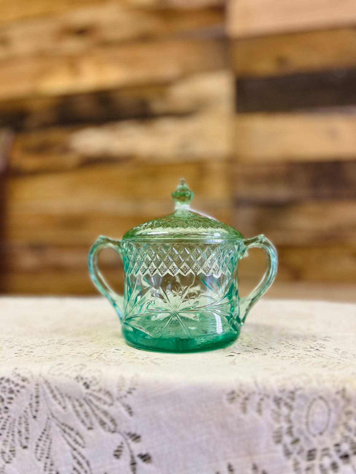 Vintage Green Double Handled Uranium Glass Dish With Lid