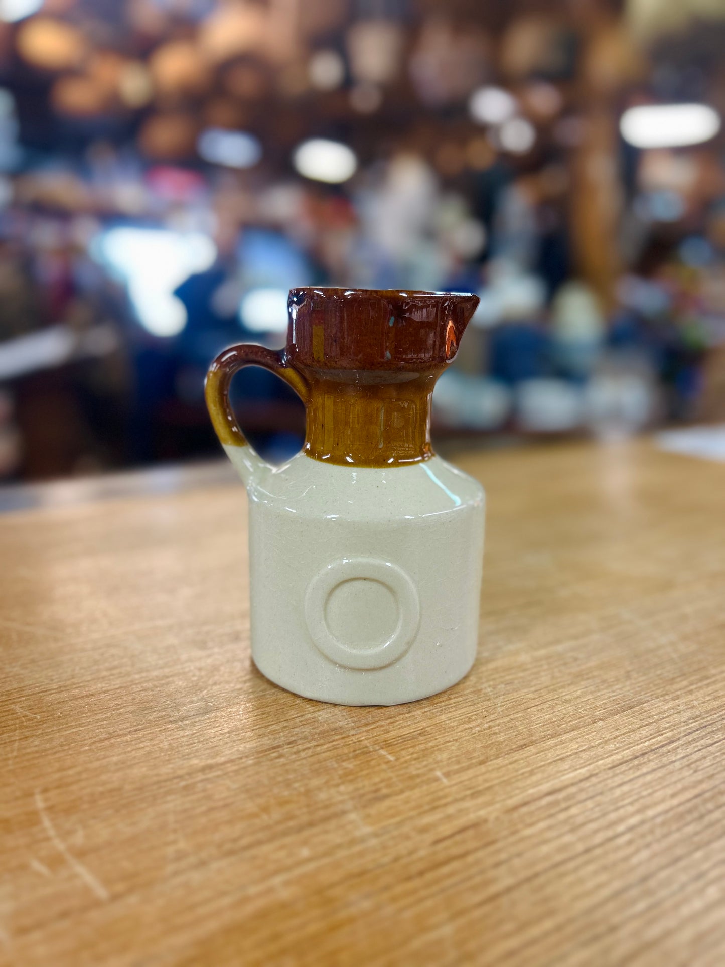 Vintage Brown and Beige Ceramic Pitcher with Wheat Pattern