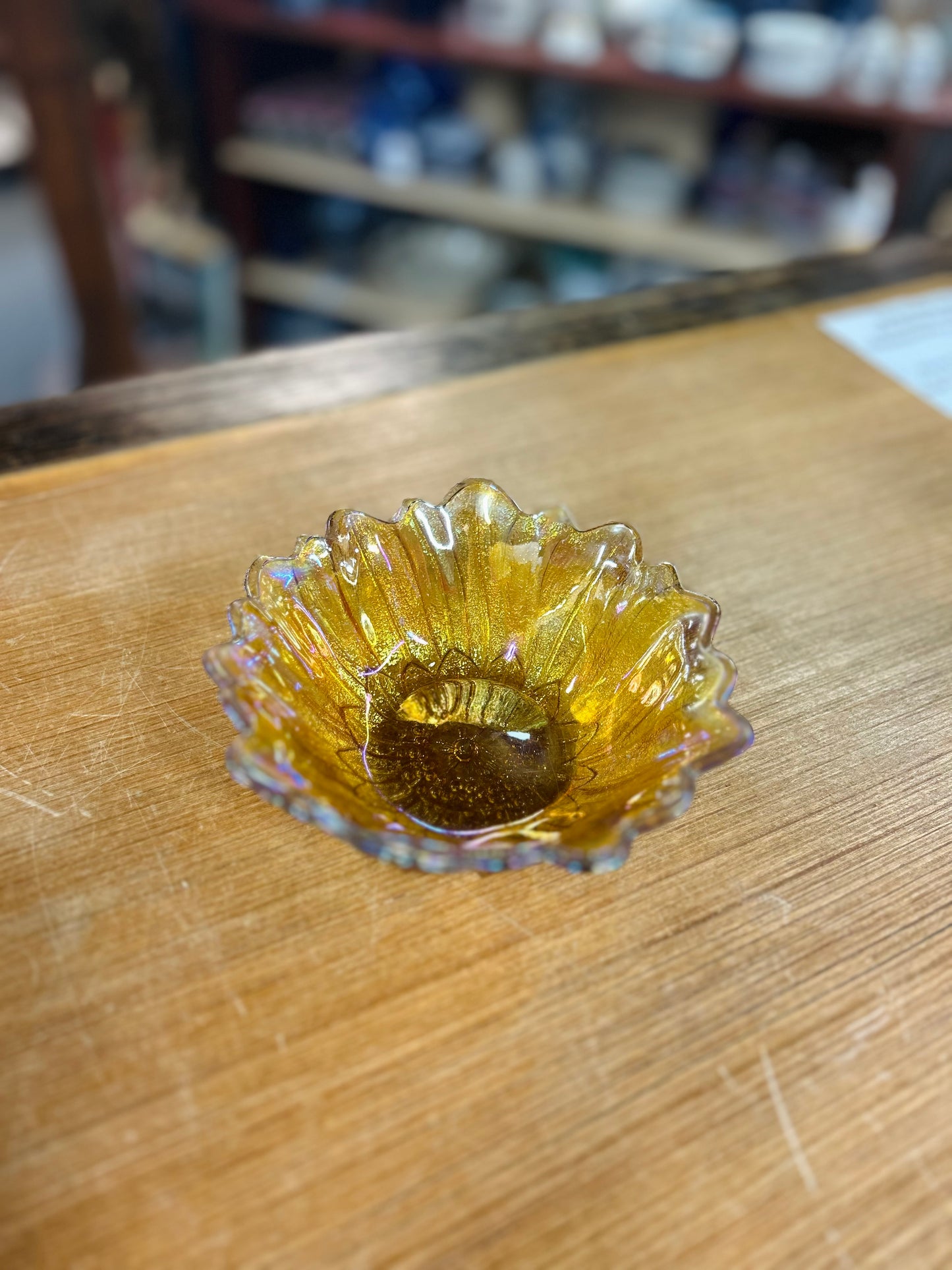 Vintage Indiana Glass Sunflower Bowl Featuring Marigold Carnival Iridescent Finish