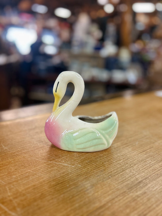 Vintage Pink and Green Ceramic Swan Planter