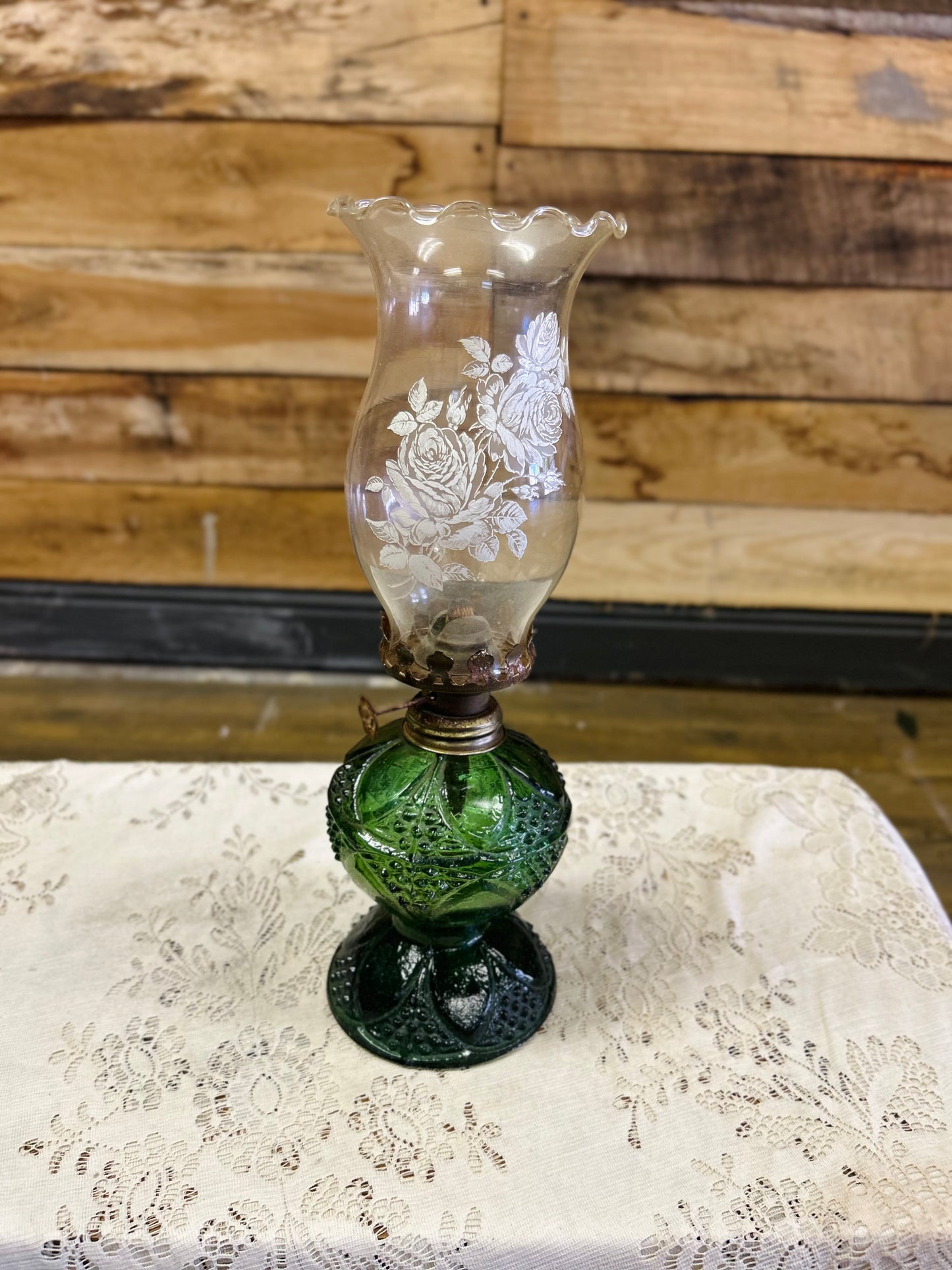 Vintage Green Glass With Floral Globe Lamp