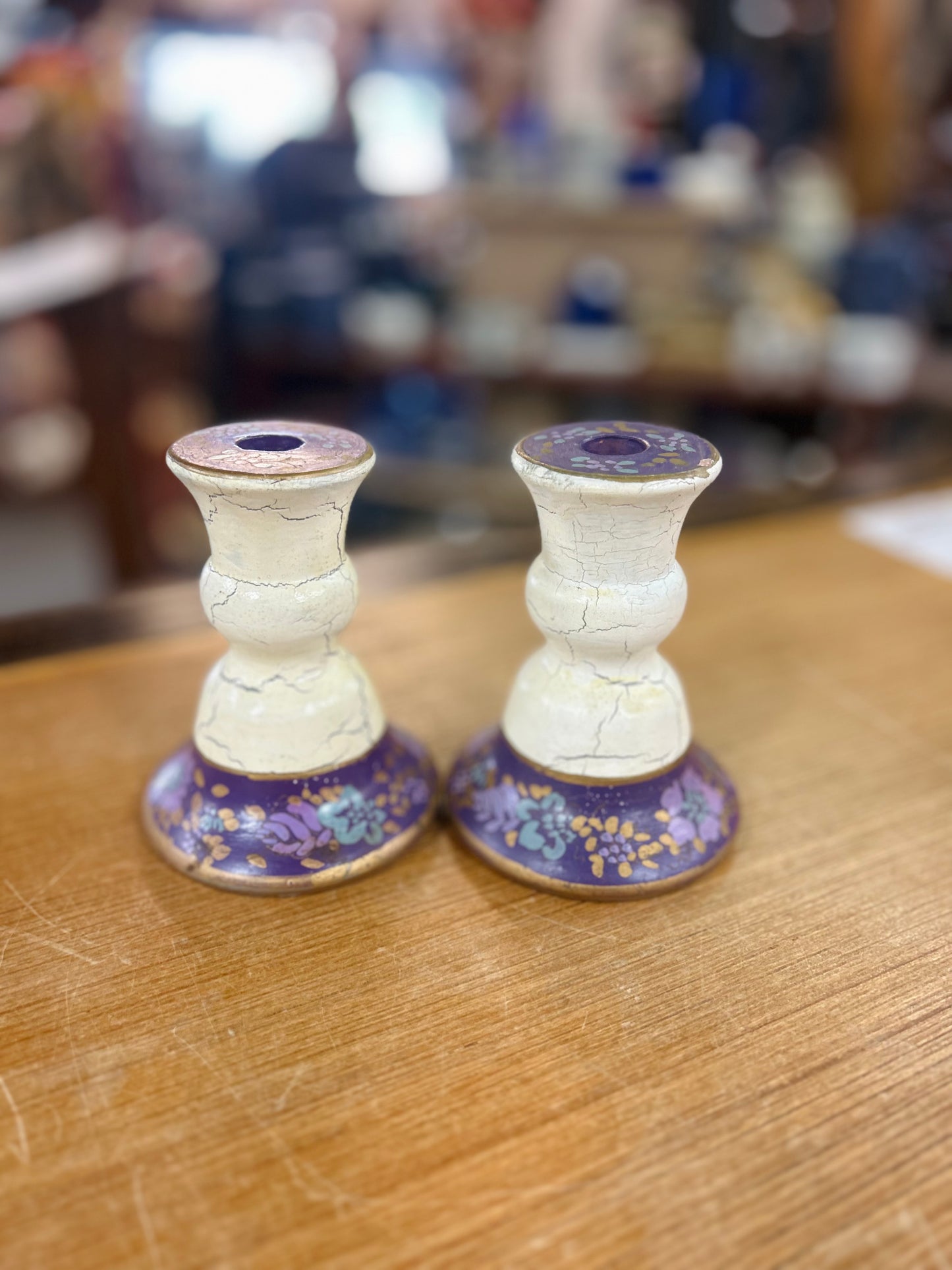 Vintage Hand Painted Ceramic Lidded Ginger Jar and Matching Candlesticks Set