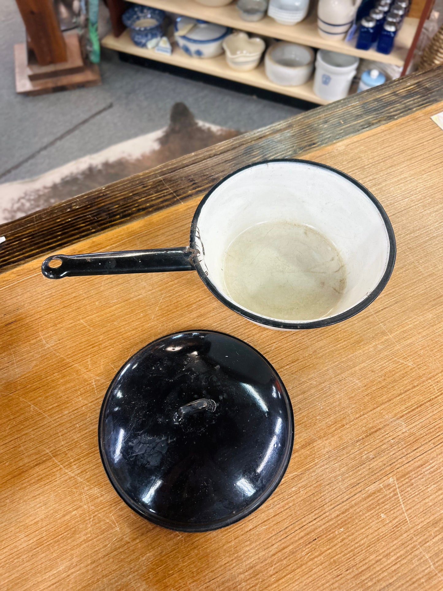 Vintage White Pot With Black Lid