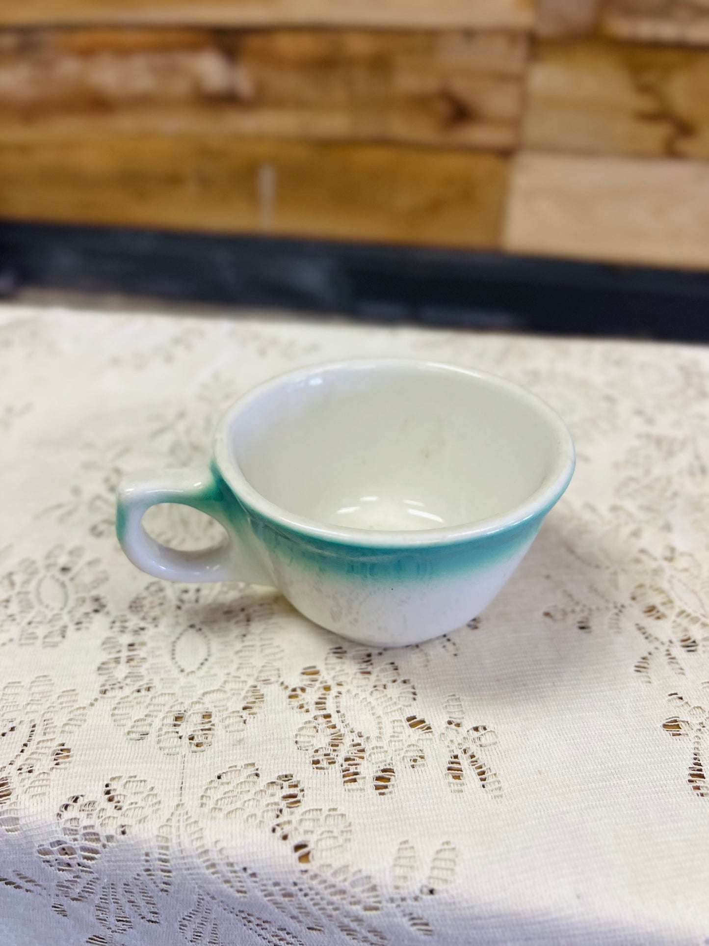 Vintage Buffalo China Mug with Turquoise Band on White Ceramic