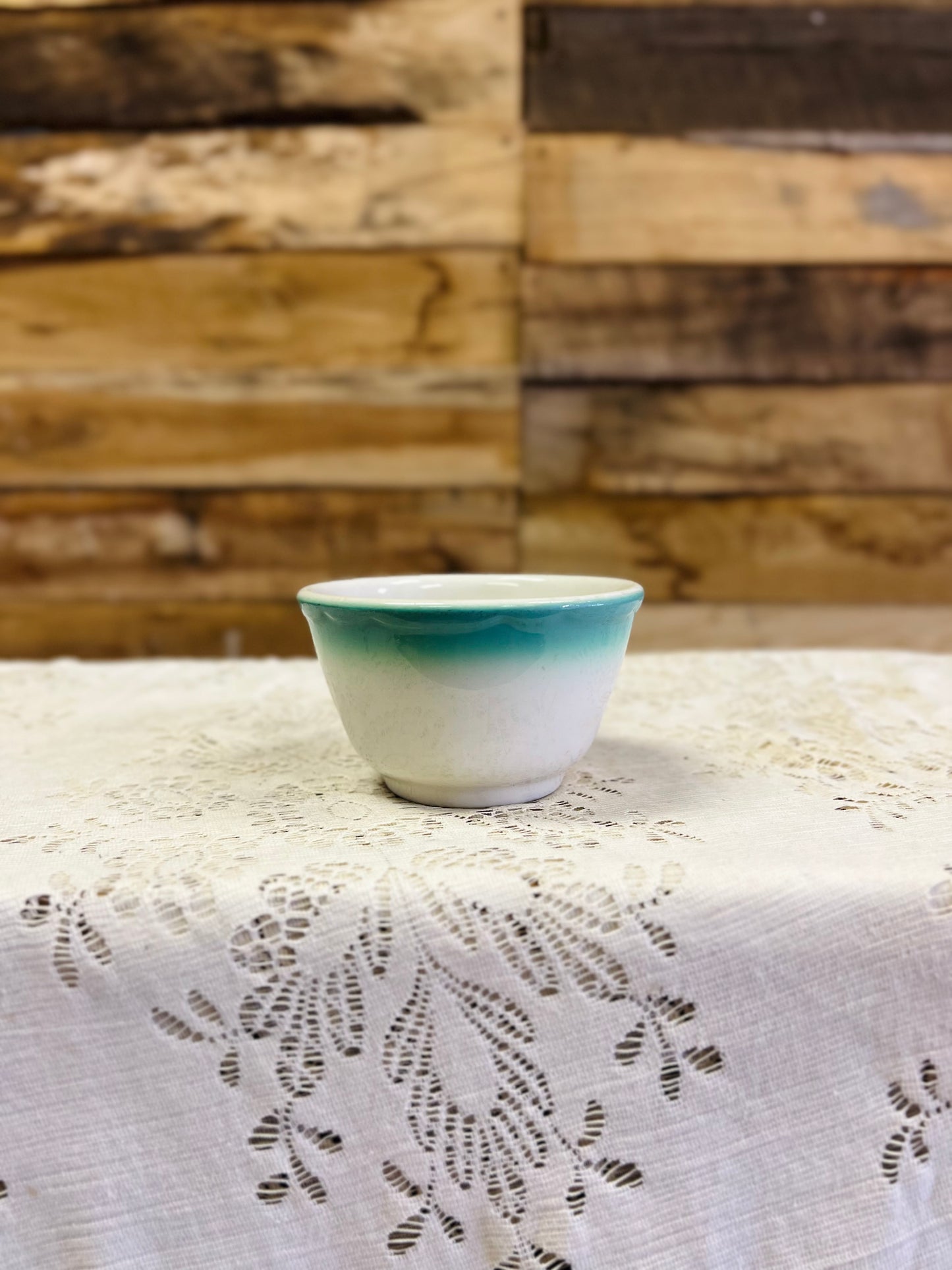 Vintage Buffalo China Mug with Turquoise Band on White Ceramic