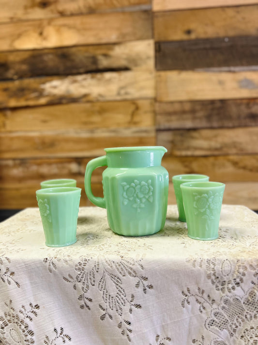 Green Jadeite Pitcher and 4 Cups Set