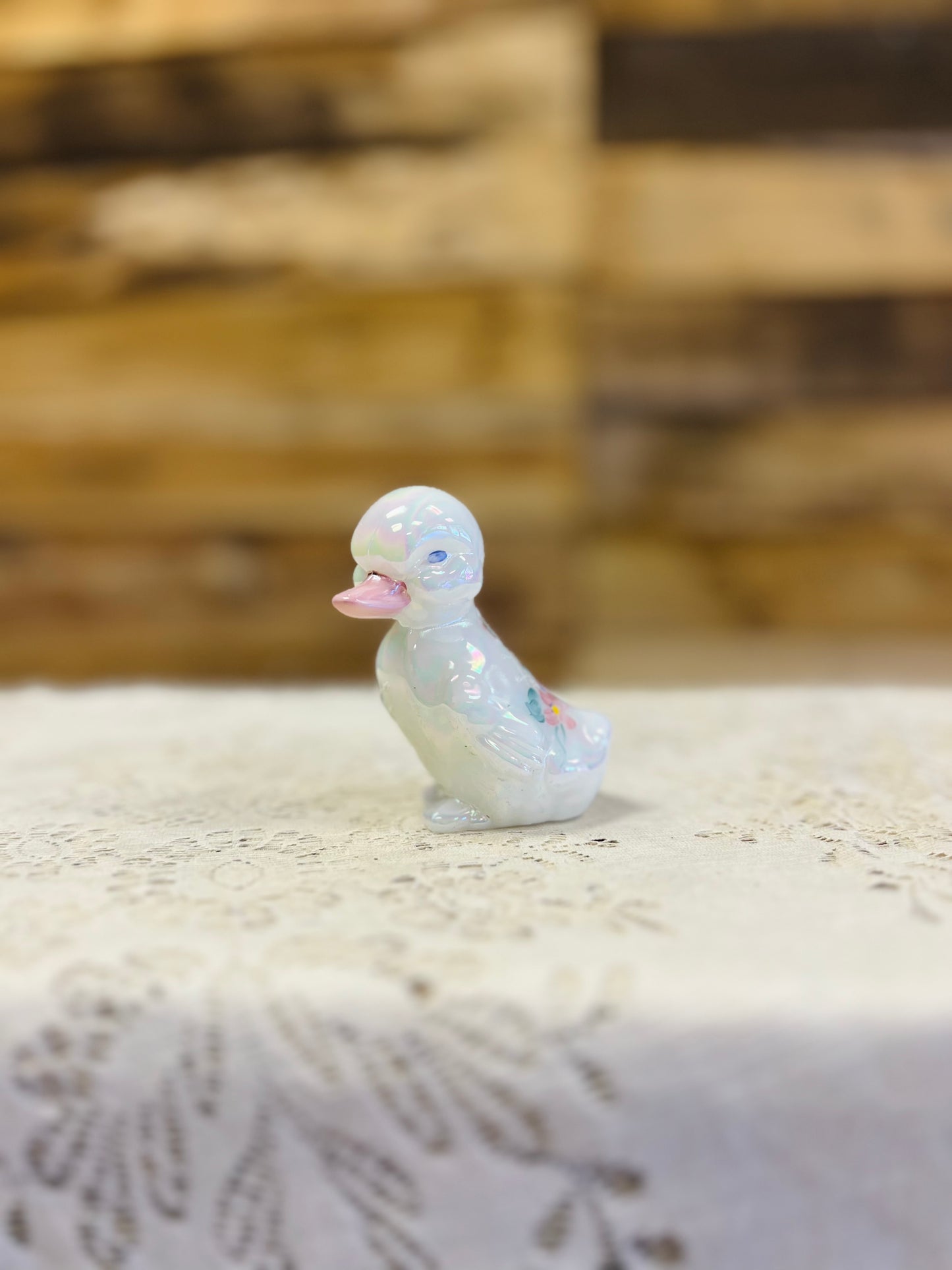 Vintage Fenton White Iridescent Milk Glass with Floral Details Duckling Figurine