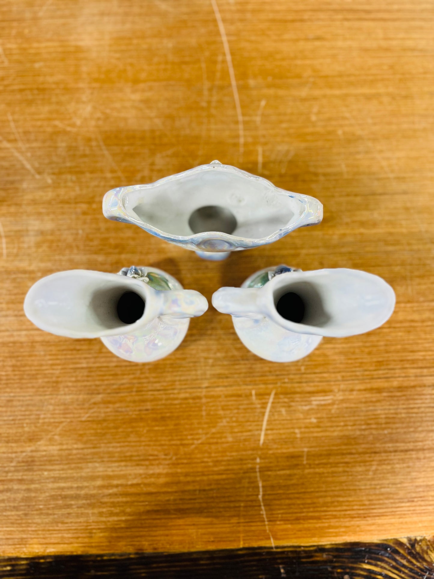 Vintage Lusterware Two Pitchers & Candy Dish with White Iridescent Glaze and Blue Rose Design