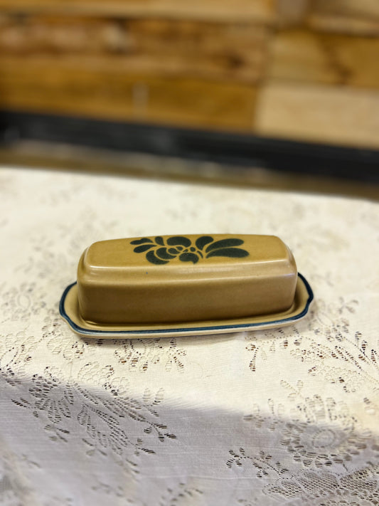 Vintage Tan and Blue Pfaltzgraff Butter Dish