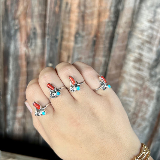 Genuine Turquoise and Coral Flower Sterling Silver Ring