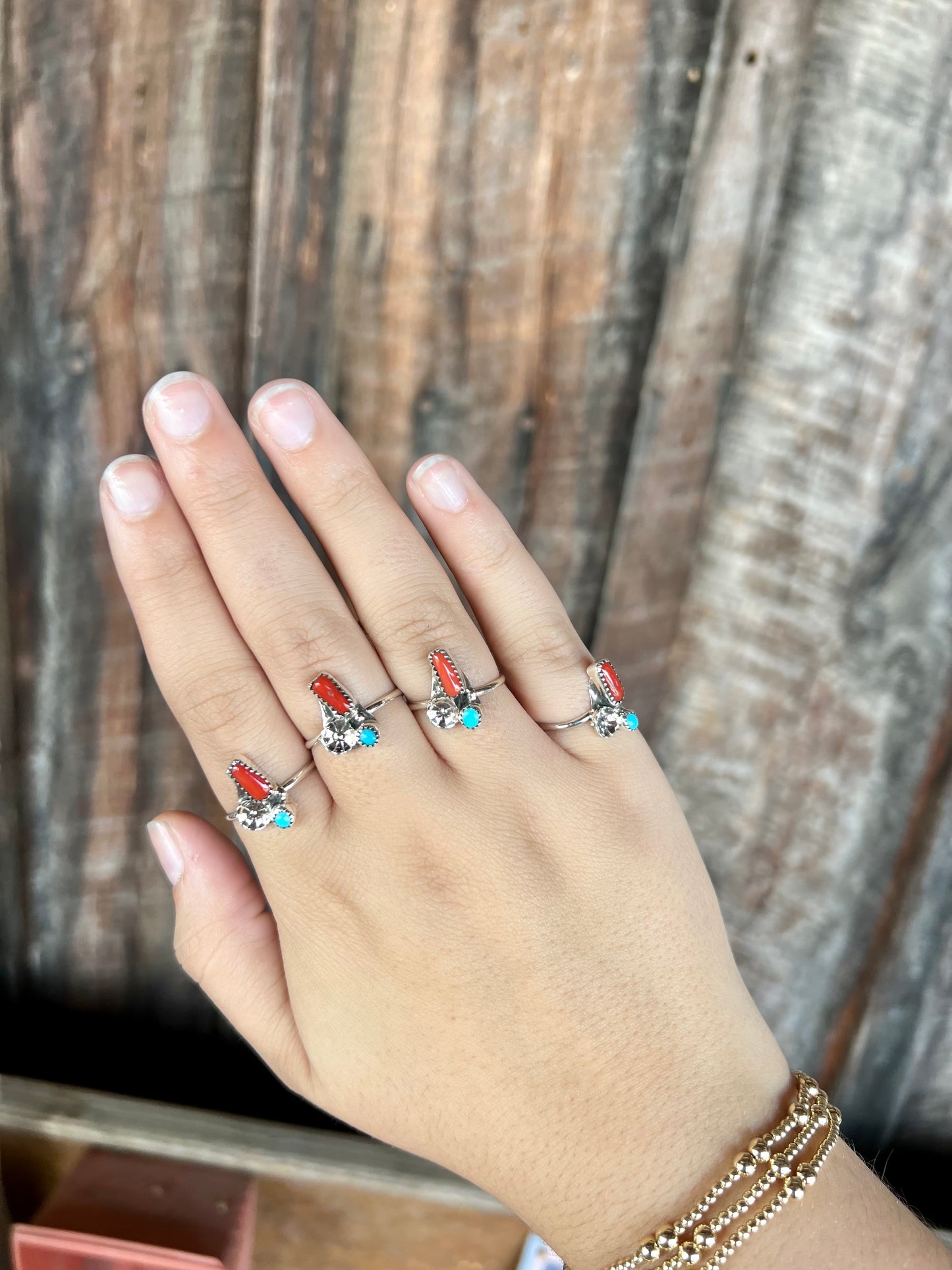 Genuine Turquoise and Coral Flower Sterling Silver Ring