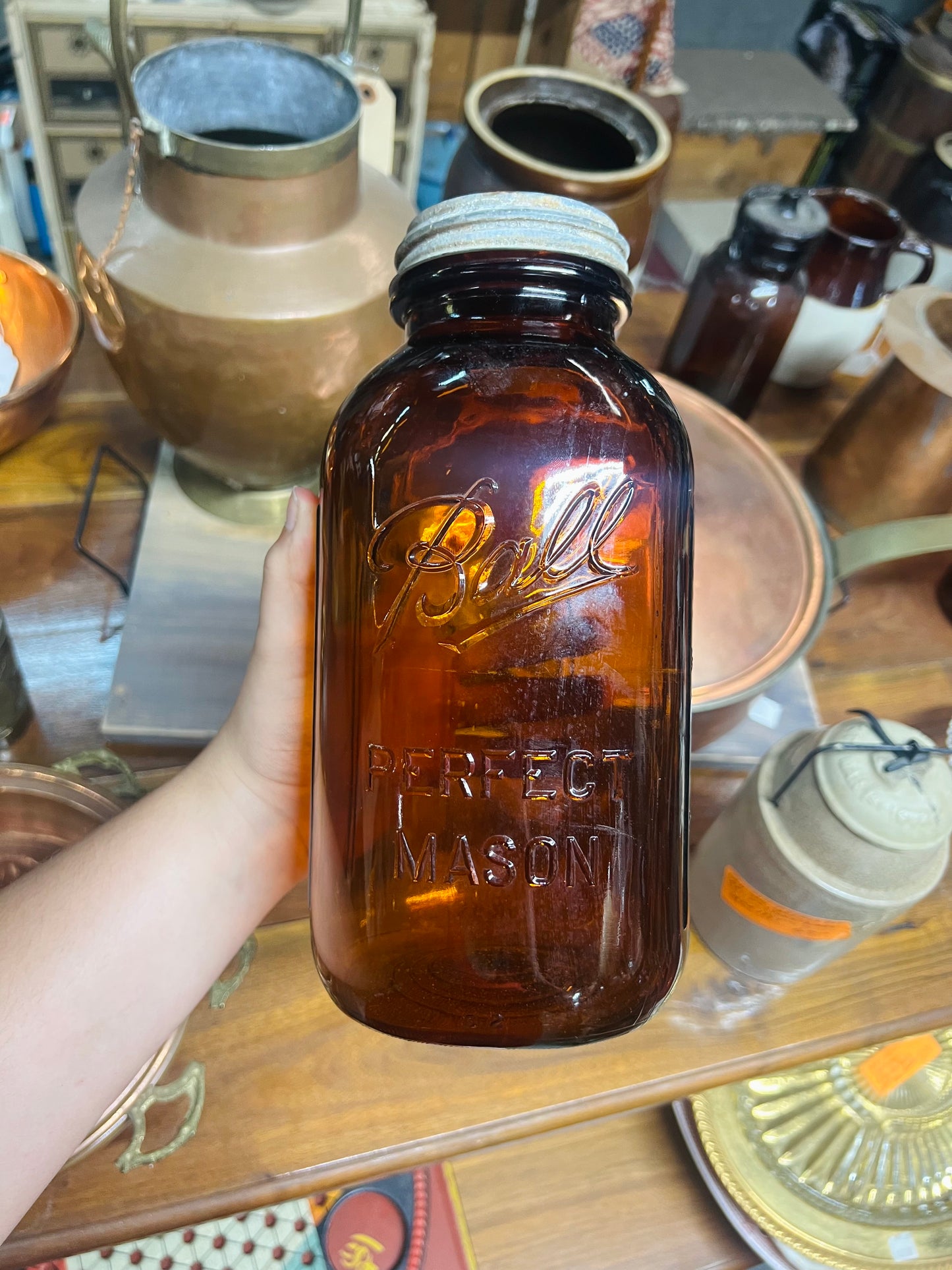 Vintage Amber Ball Perfect Mason Jar with Zinc Lid