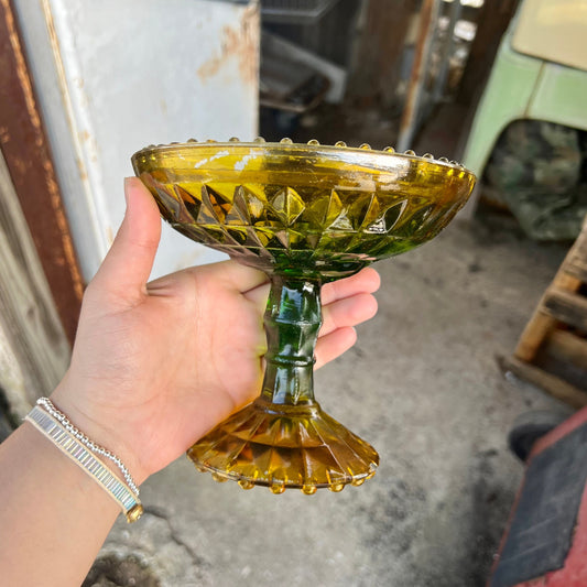 Vintage Pedestal Candy Dish Green and Yellow Ombre