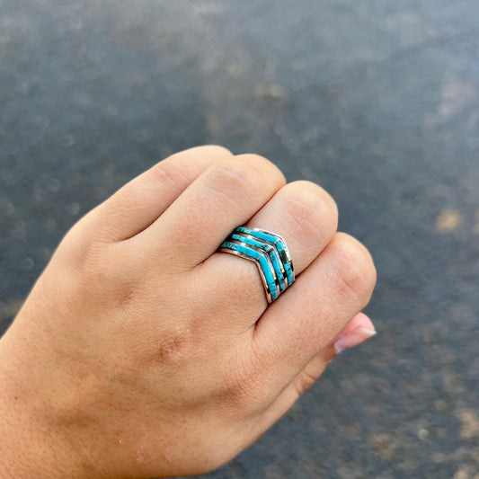 Genuine Turquoise 3 Row Chevron Ring