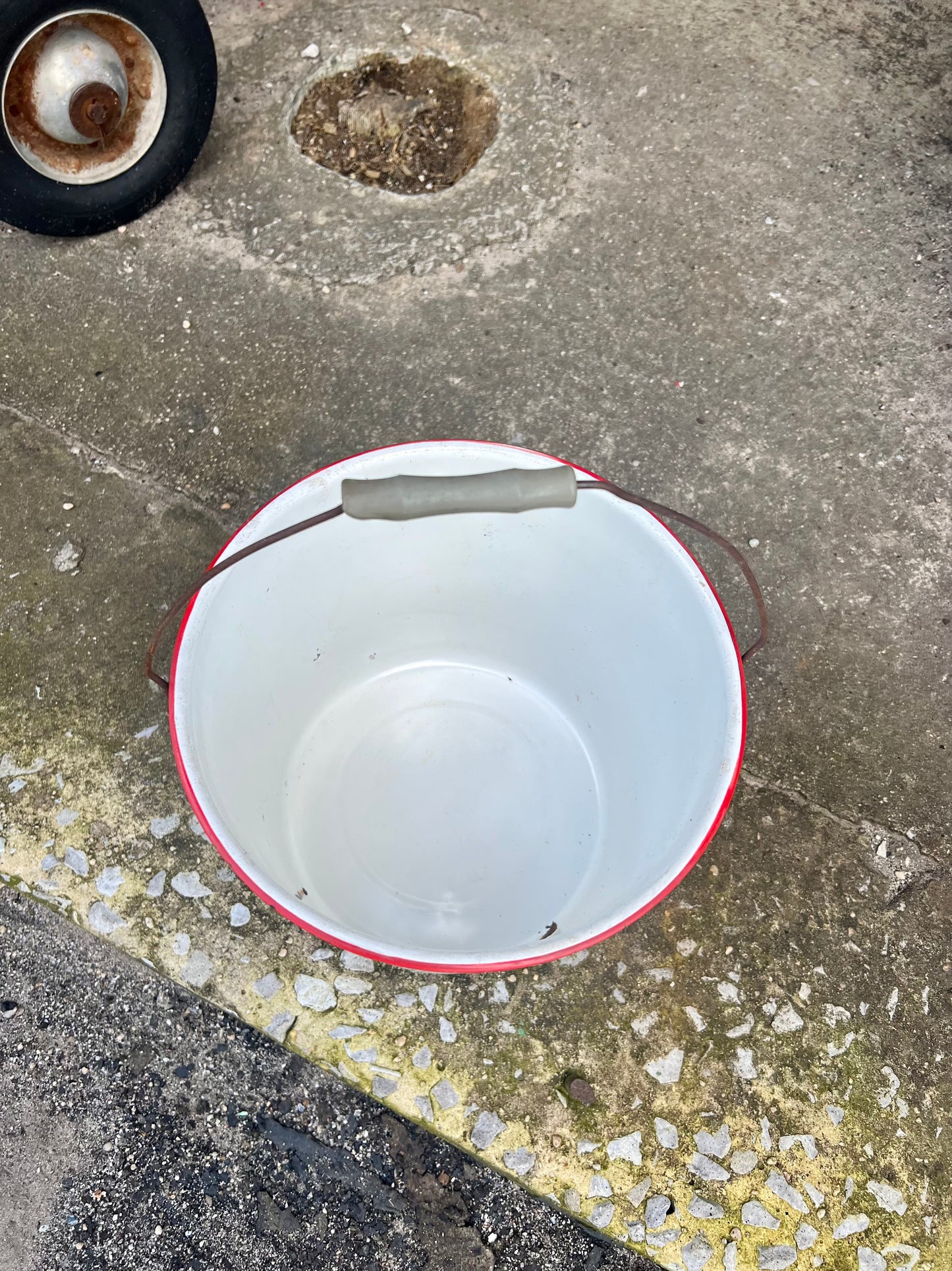 Red and White Large Enamel Pot with Handle