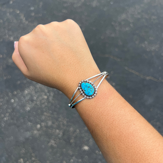 Genuine Kingman Turquoise Berry Border Sterling Silver Cuff Bracelet