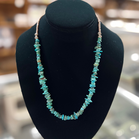 Genuine Natural Turquoise Nuggets and Brown Heishi Sterling Silver Necklace