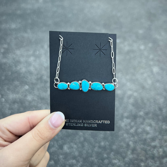 Genuine Kingman Turquoise 5 Stone Sterling Silver Necklace
