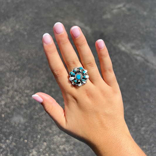 Genuine Turquoise, White Buffalo, Bronze Sterling Silver Cluster Ring