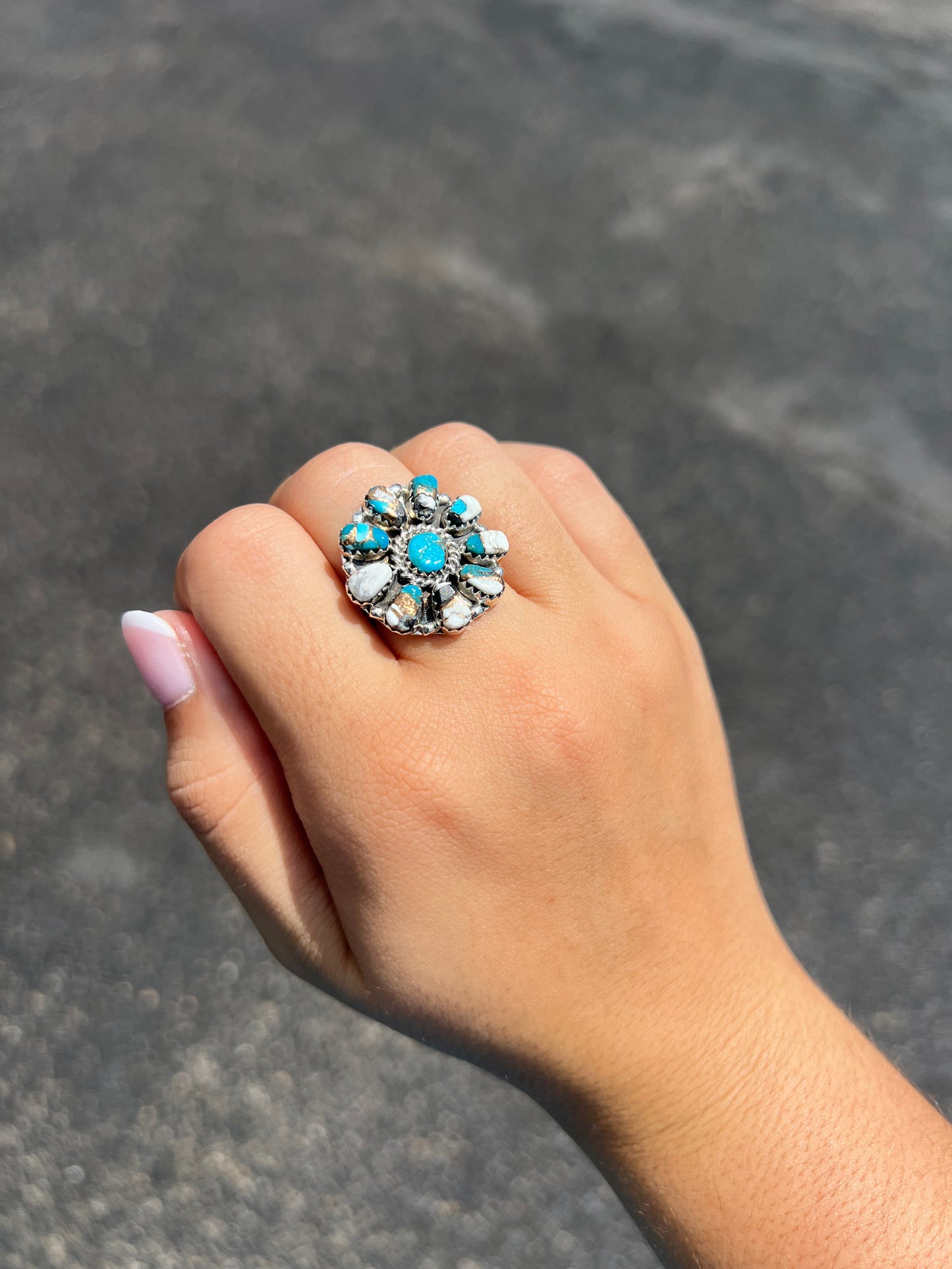 Genuine Turquoise, White Buffalo, Bronze Sterling Silver Cluster Ring