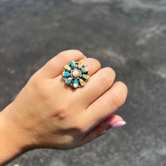 Genuine Turquoise / Orange Spiny Oyster Cluster Sterling Silver Ring